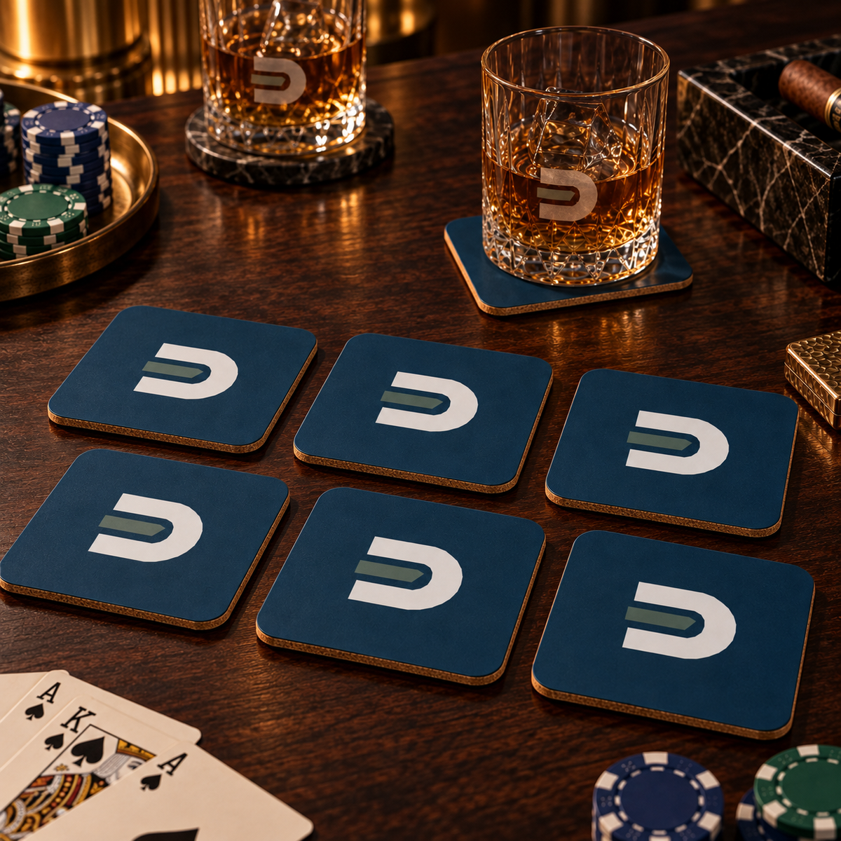 Six navy Dads in the Game D emblem coasters with rocks glasses and poker chips on a wooden table