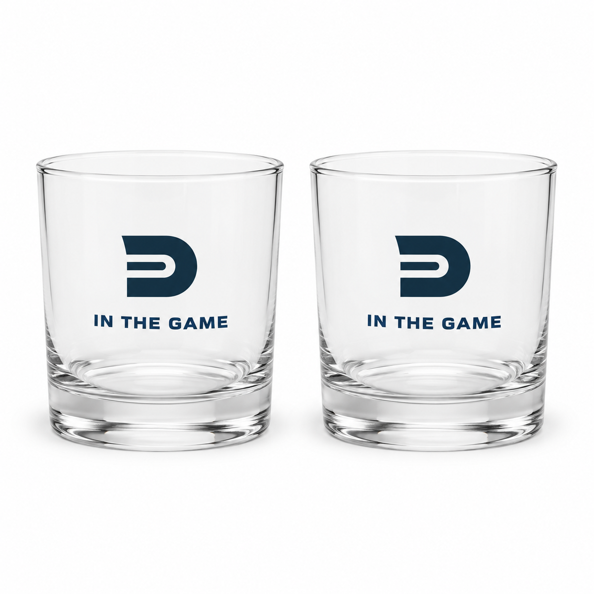 Set of two clear Dads in the Game rocks glasses with D emblem and In the Game lettering