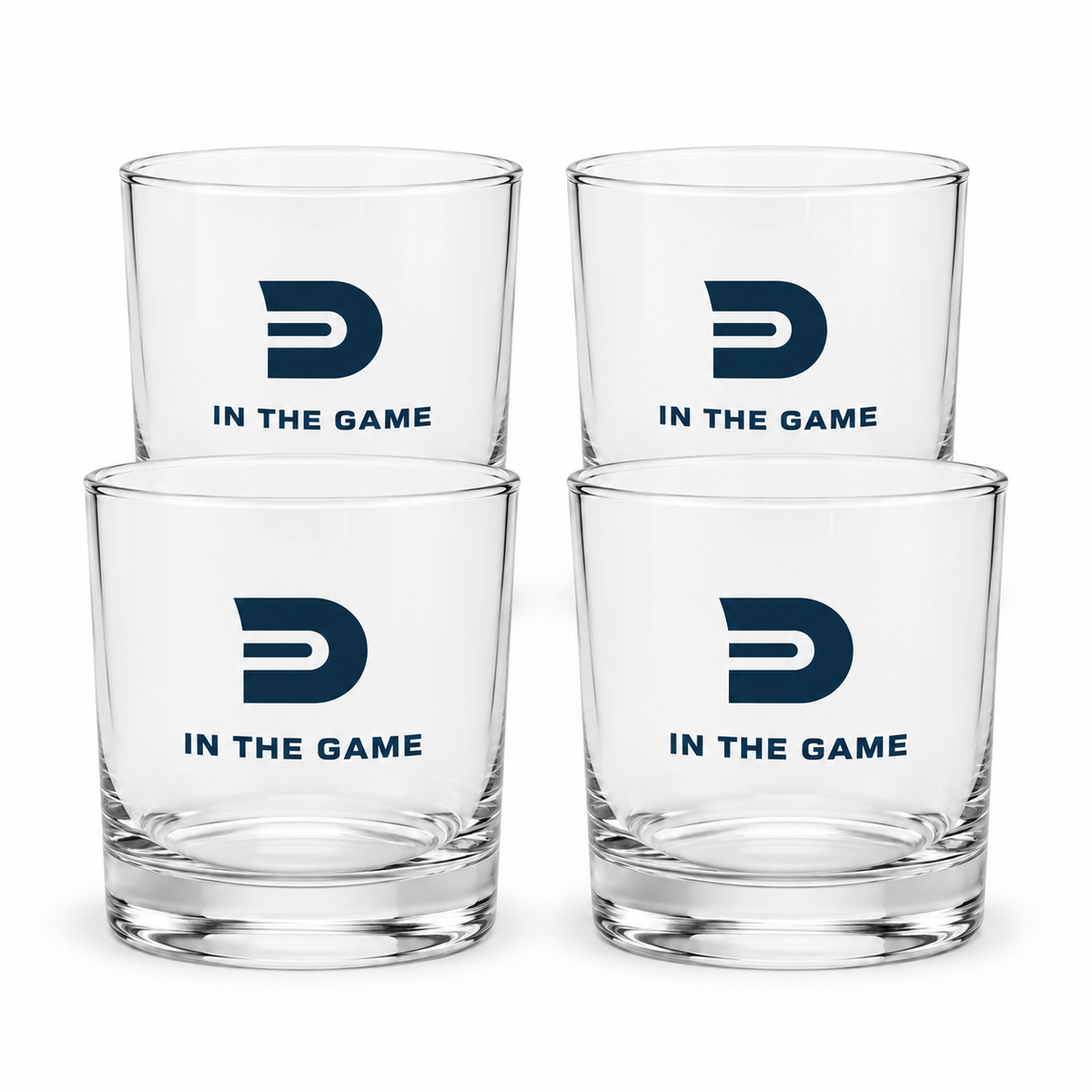 Set of four clear Dads in the Game rocks glasses with D emblem and In the Game lettering