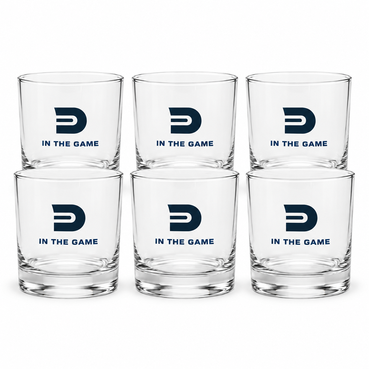 Set of six clear Dads in the Game rocks glasses with D emblem and In the Game lettering