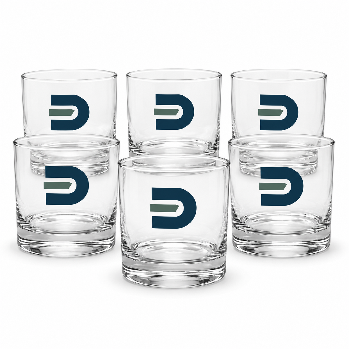 Set of six clear Dads in the Game D Logo rocks glasses