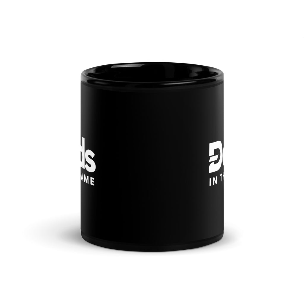 Black Dads in the Game 11 oz ceramic mug with white full logo, front view between the printed logos