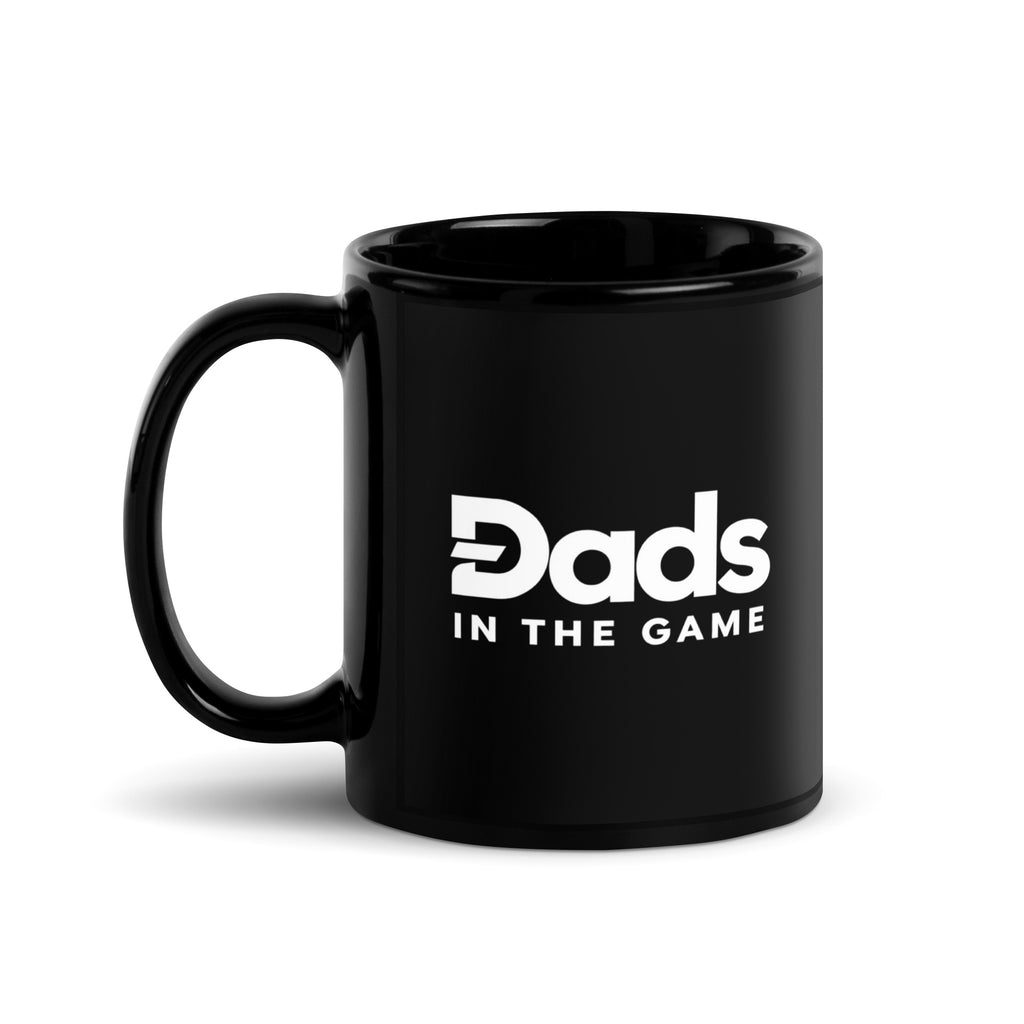 Black Dads in the Game 11 oz ceramic mug with white full logo, handle on the left