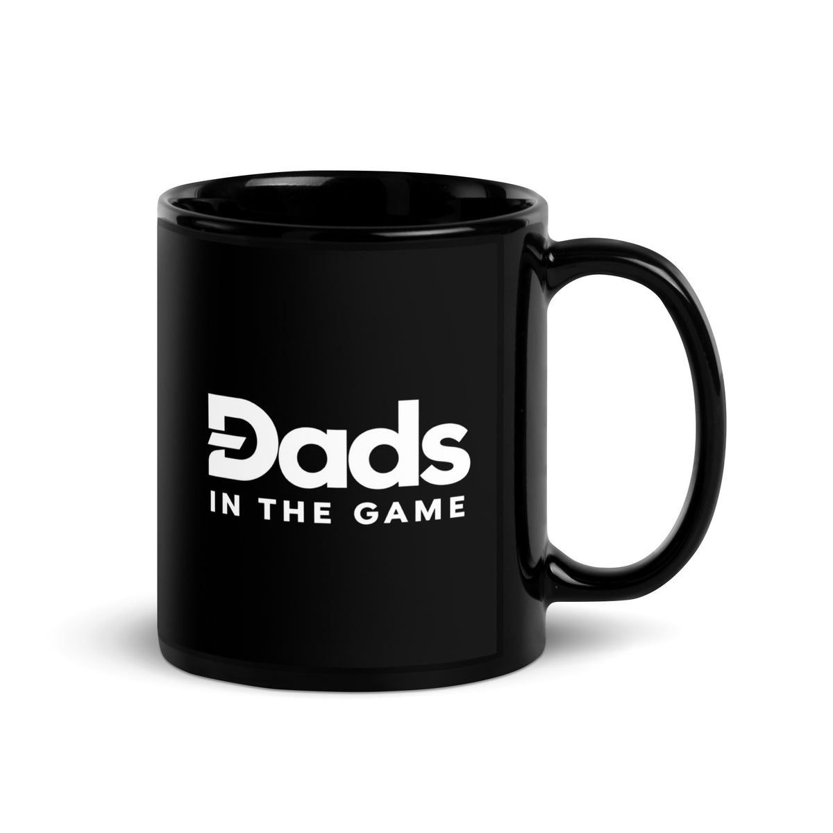 Black Dads in the Game 11 oz ceramic mug with white full logo, handle on the right