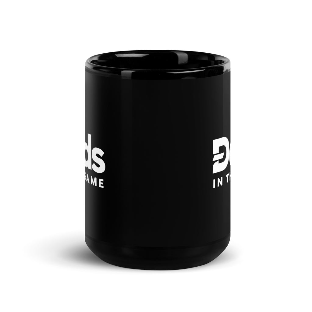 Black Dads in the Game 15 oz ceramic mug with white full logo, front view between the printed logos