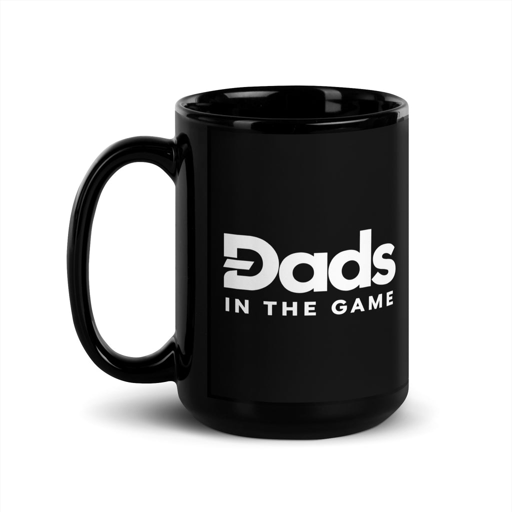 Black Dads in the Game 15 oz ceramic mug with white full logo, handle on the left