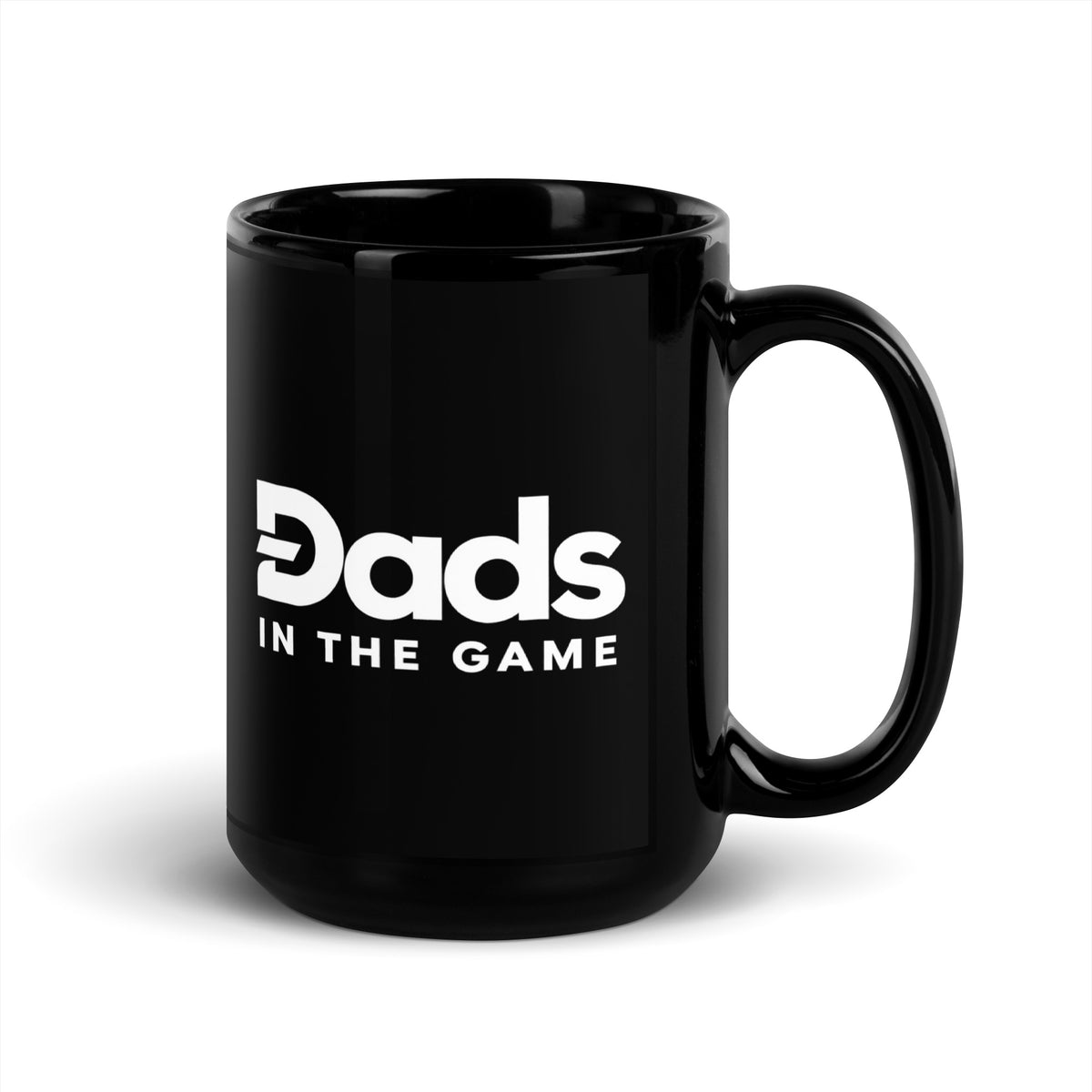Black Dads in the Game 15 oz ceramic mug with white full logo, handle on the right