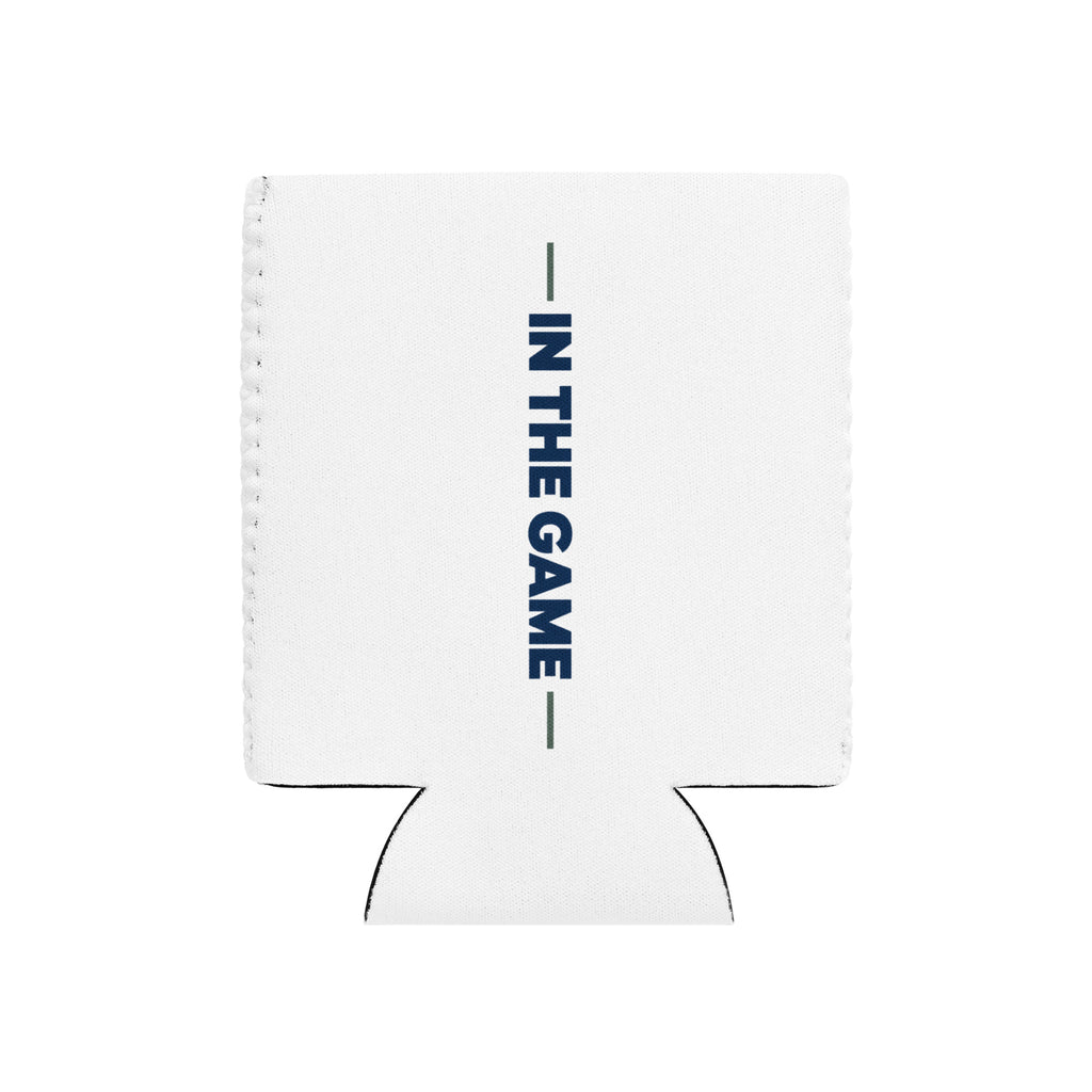 White Dads in the Game can cooler with vertical In the Game lettering, flat back view