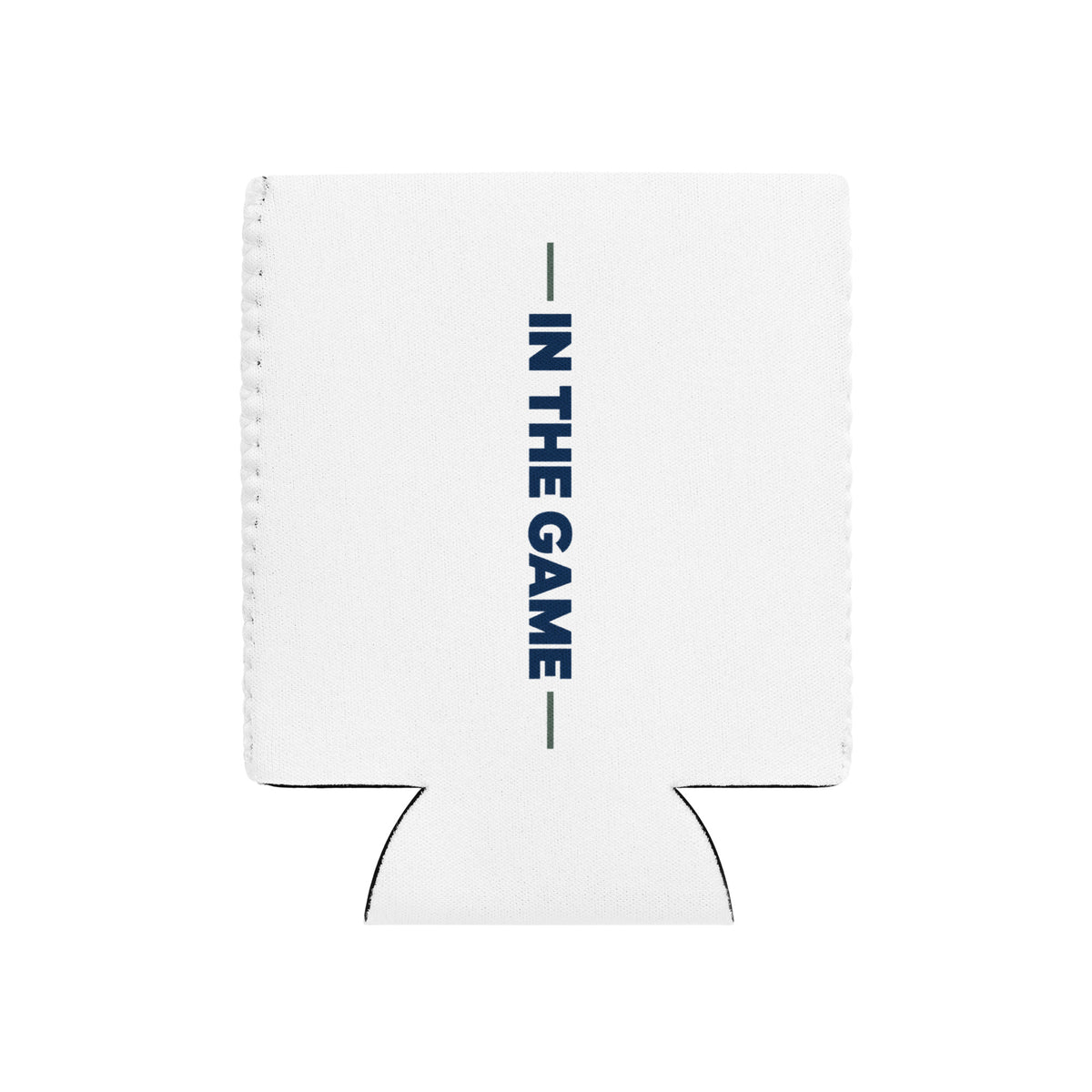 White Dads in the Game can cooler with vertical In the Game lettering, flat back view