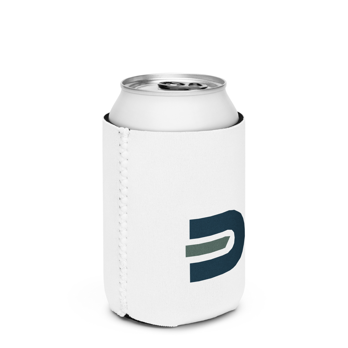 White Dads in the Game D emblem cooler holding a regular 12 oz can