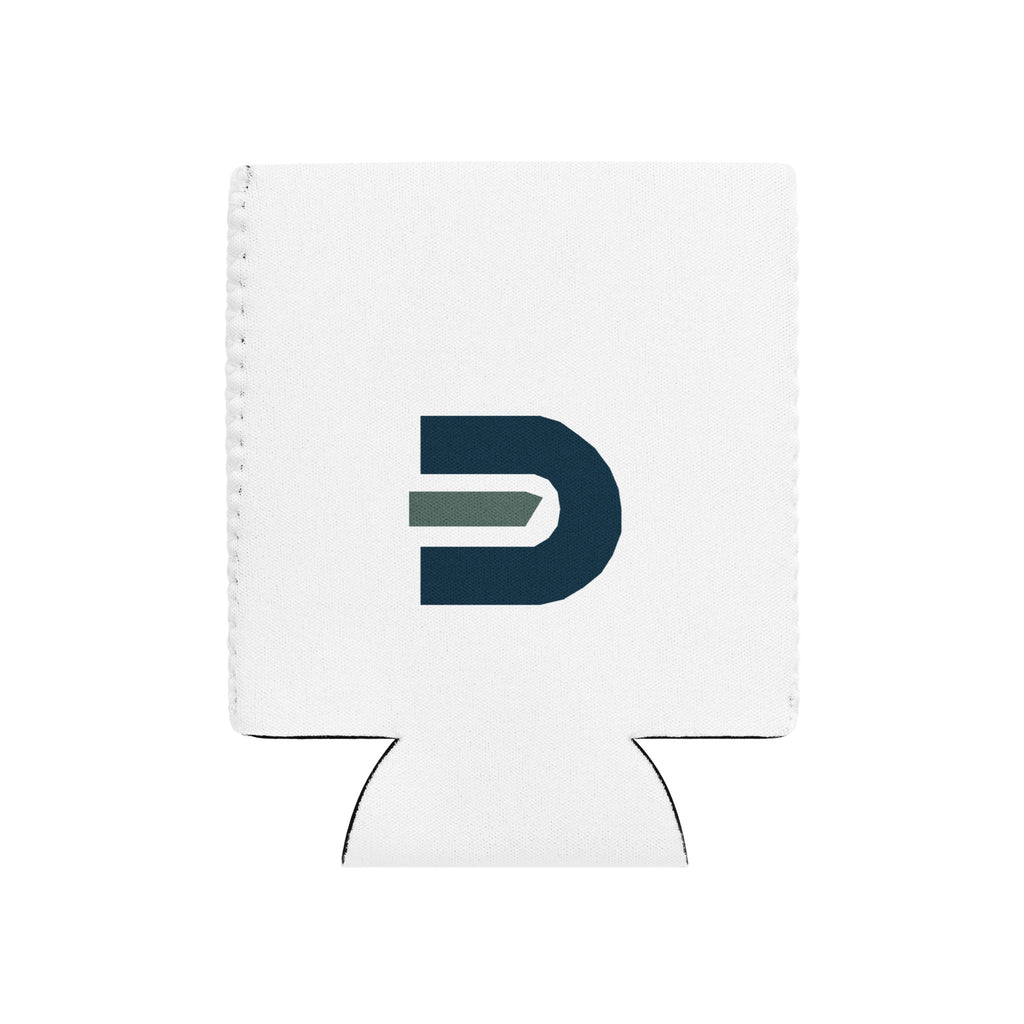 White Dads in the Game can cooler with navy and green D emblem, flat front view
