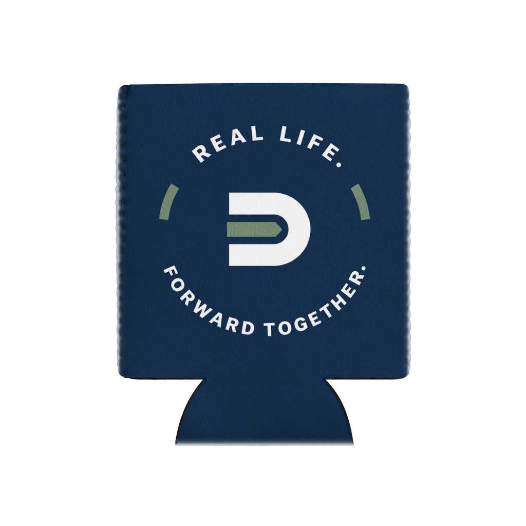 Navy Dads in the Game can cooler with Real Life, Forward Together wheel design, flat front view