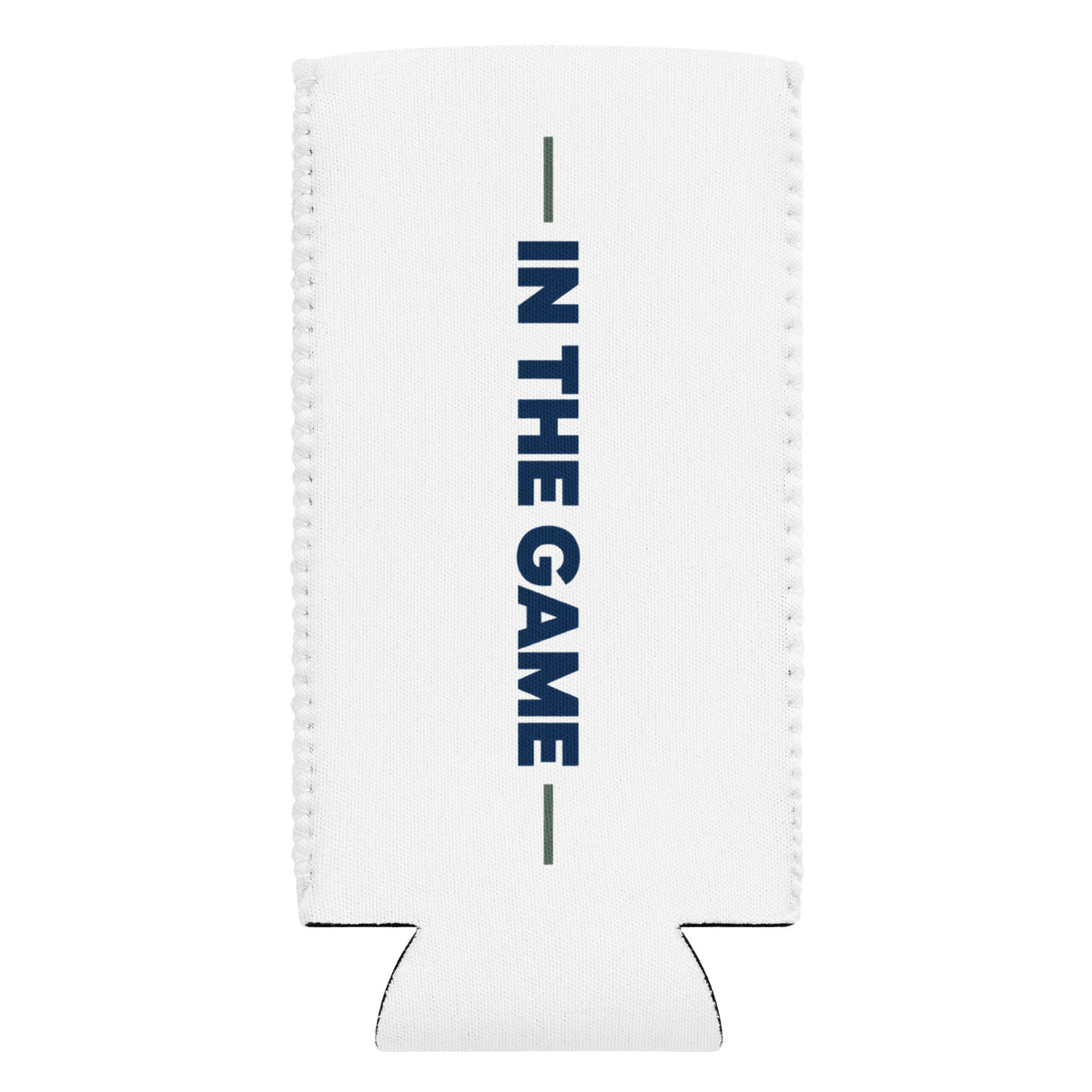 White Dads in the Game slim can cooler with vertical In the Game lettering, flat back view