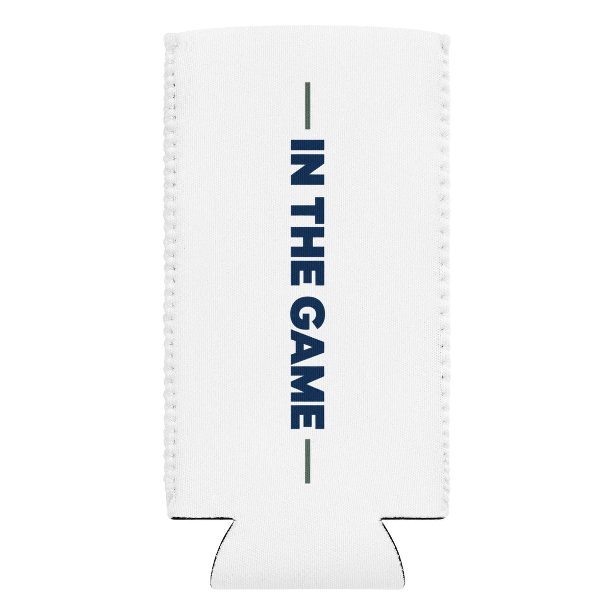 White Dads in the Game slim can cooler with vertical In the Game lettering, flat back view