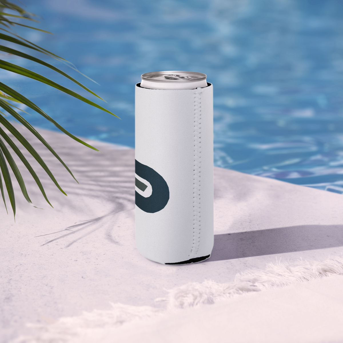 White Dads in the Game D emblem cooler with a slim can beside a pool