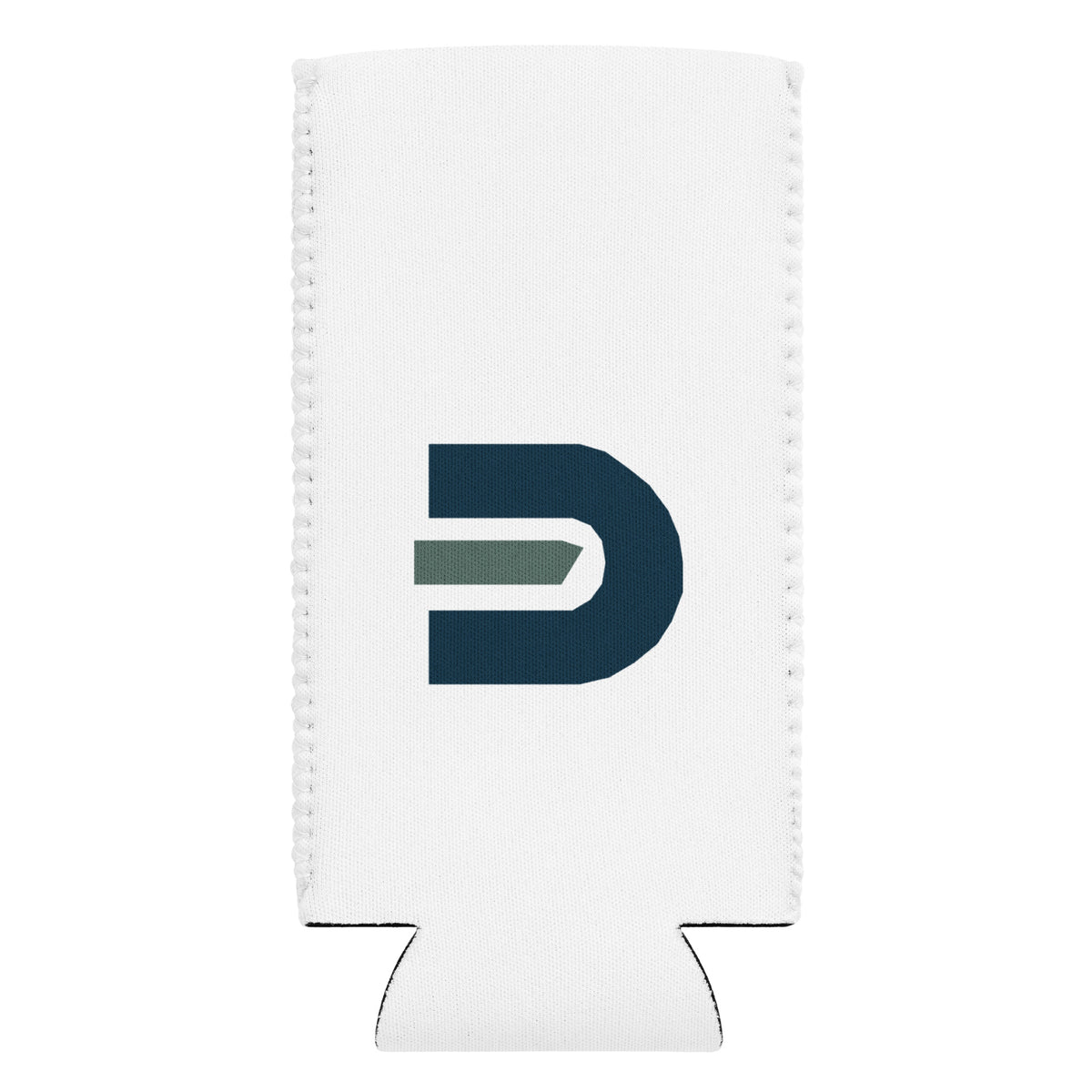 White Dads in the Game slim can cooler with navy and green D emblem, flat front view