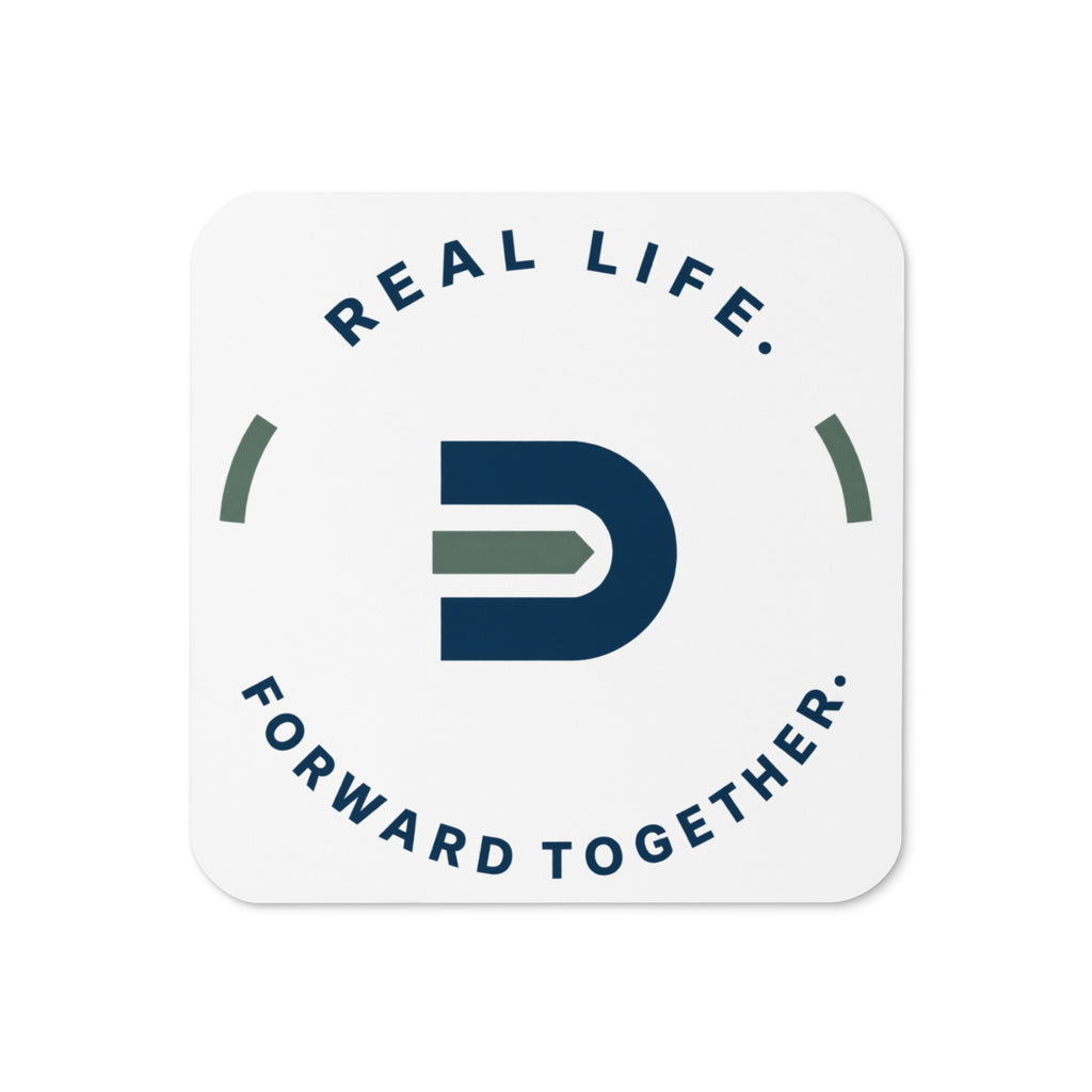 White square Dads in the Game coaster with Real Life, Forward Together wheel design