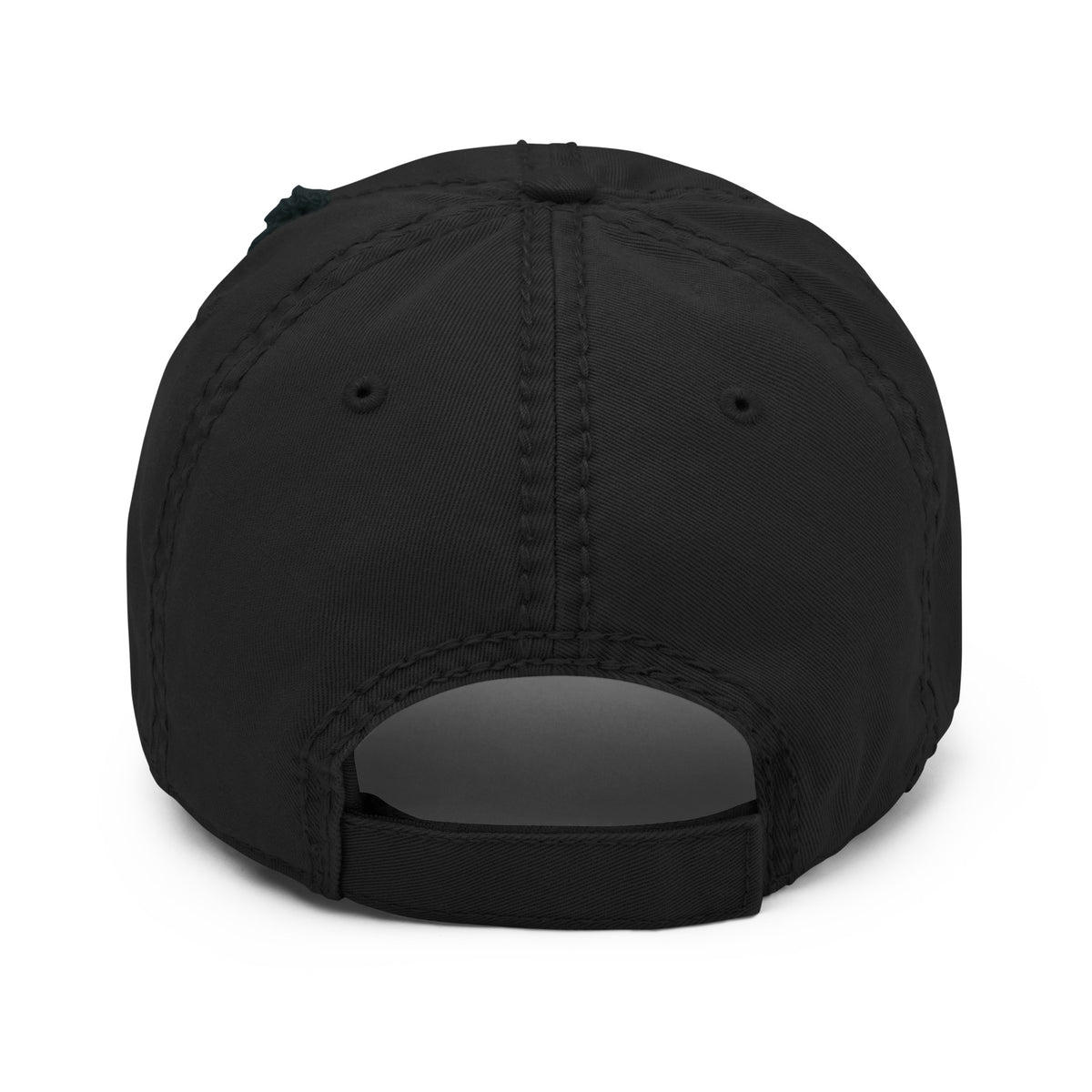 Back view of the black distressed Dads in the Game baseball hat with adjustable strap