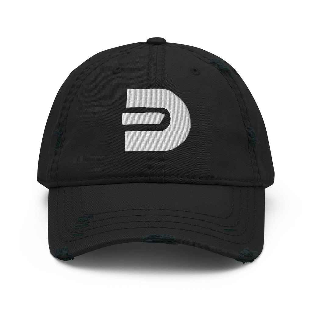 Black distressed Dads in the Game baseball hat with D emblem, front view
