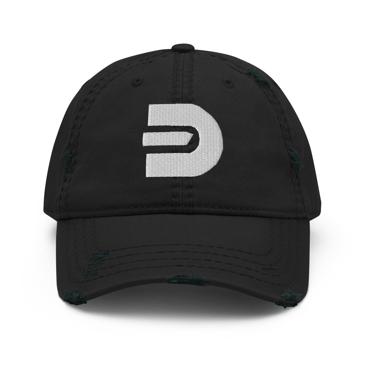 Black distressed Dads in the Game baseball hat with D emblem, front view