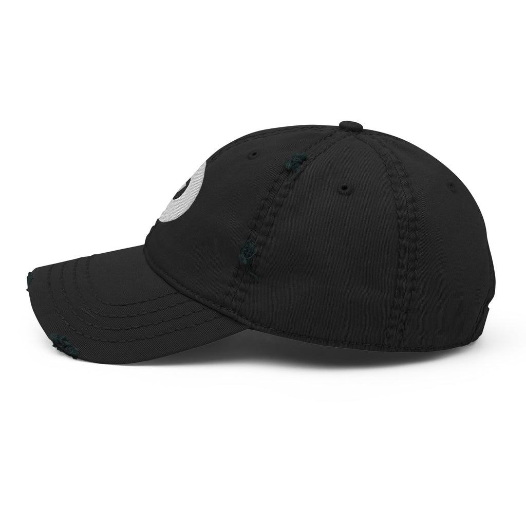 Side view of the black distressed Dads in the Game baseball hat