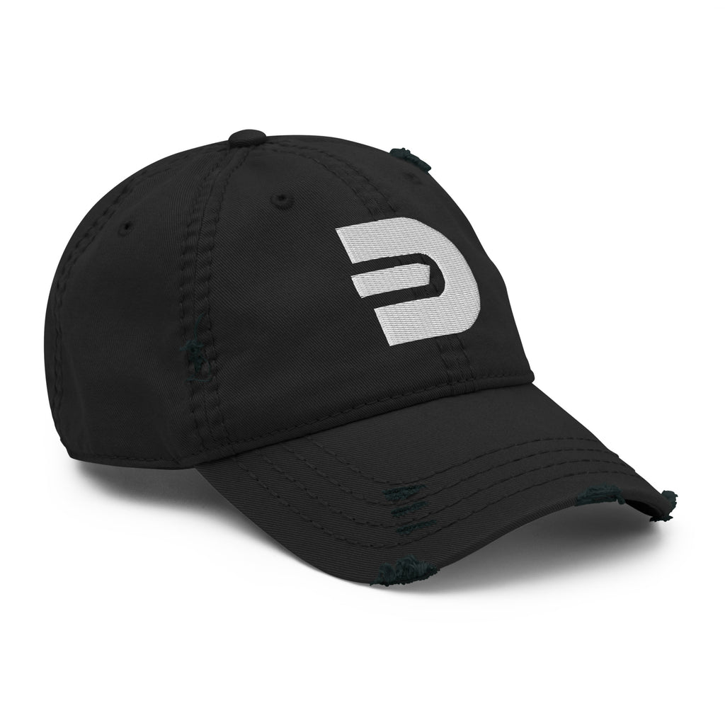 Angled front view of the black distressed Dads in the Game baseball hat with D emblem