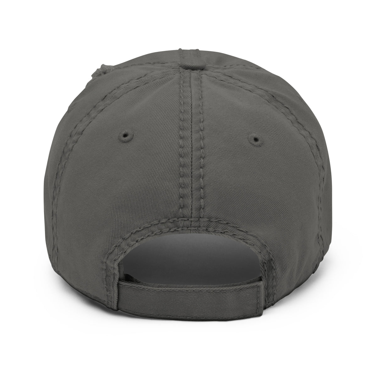 Back view of the charcoal grey distressed Dads in the Game baseball hat with adjustable strap