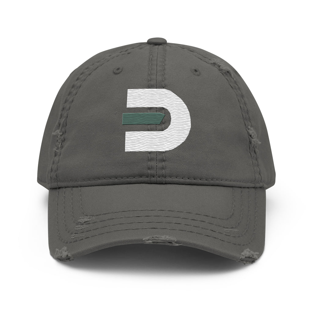 Charcoal grey distressed Dads in the Game baseball hat with D emblem, front view