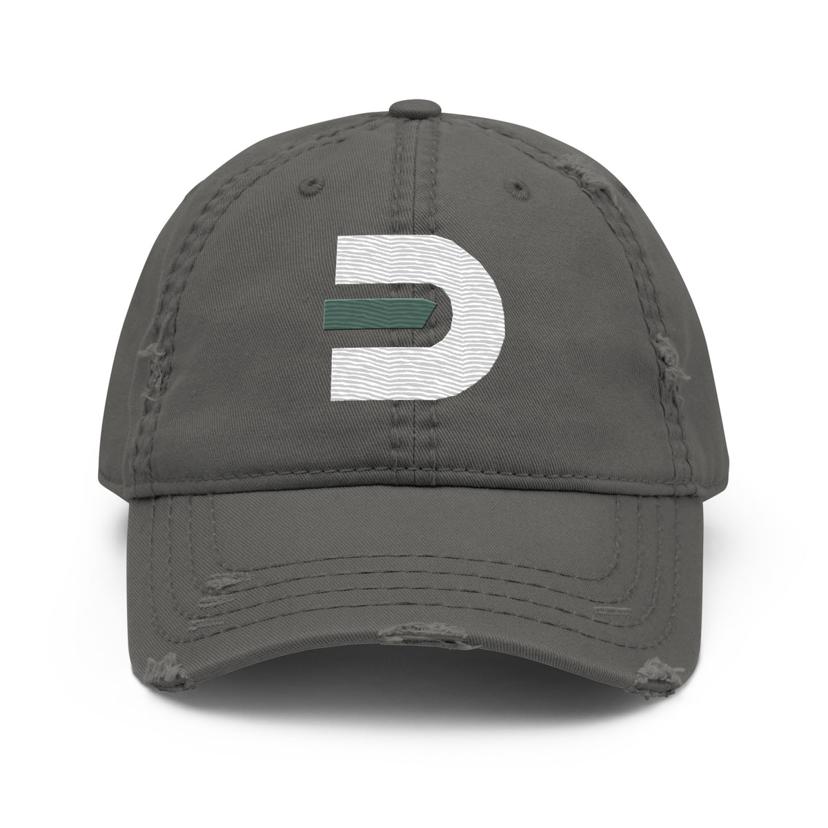 Charcoal grey distressed Dads in the Game baseball hat with D emblem, front view
