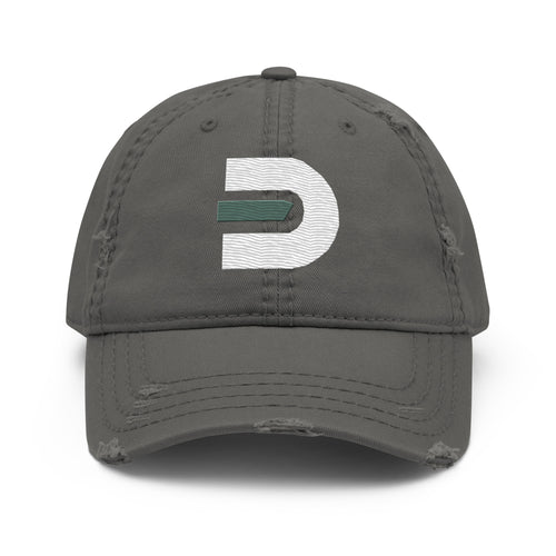 Charcoal grey distressed Dads in the Game baseball hat with D emblem, front view
