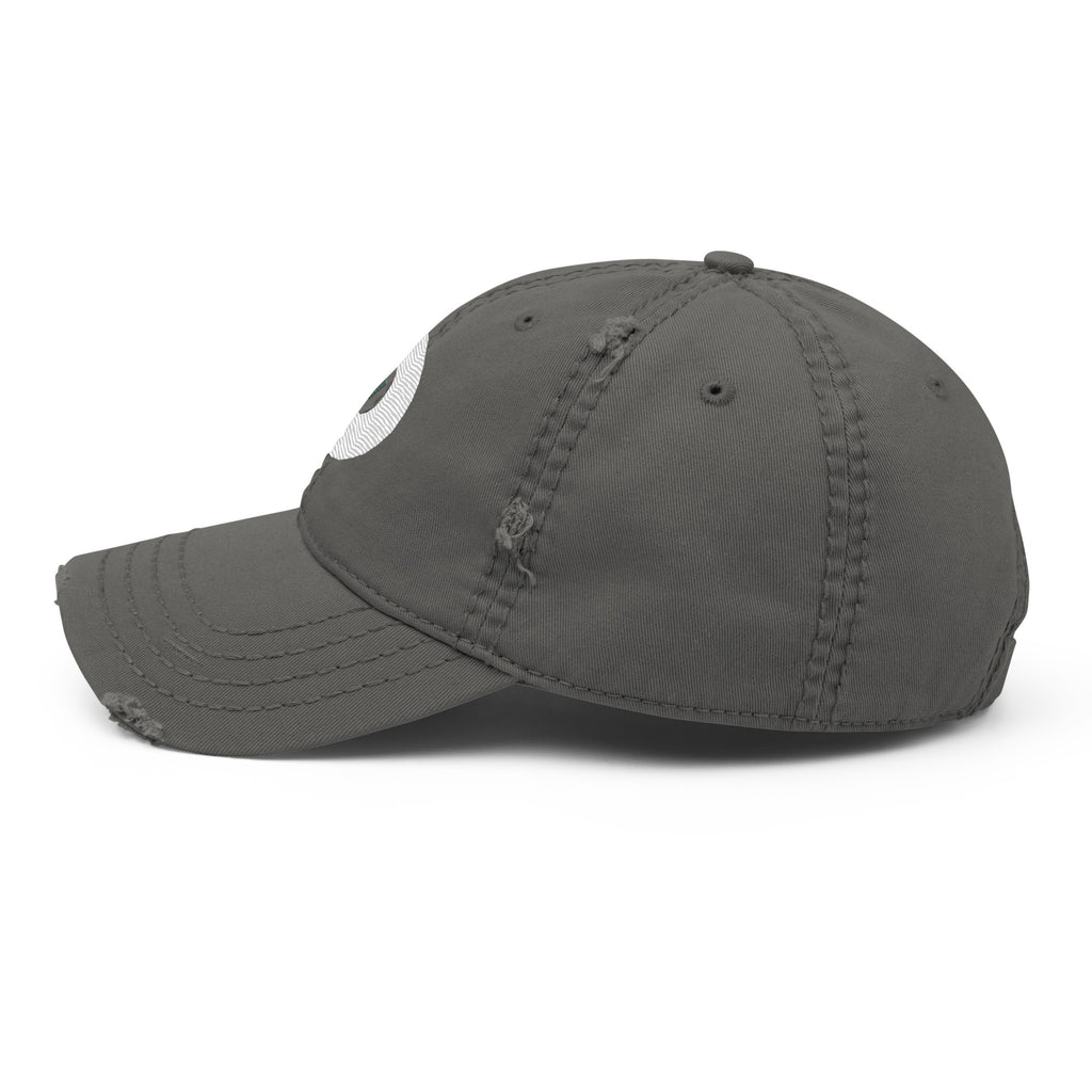 Side view of the charcoal grey distressed Dads in the Game baseball hat
