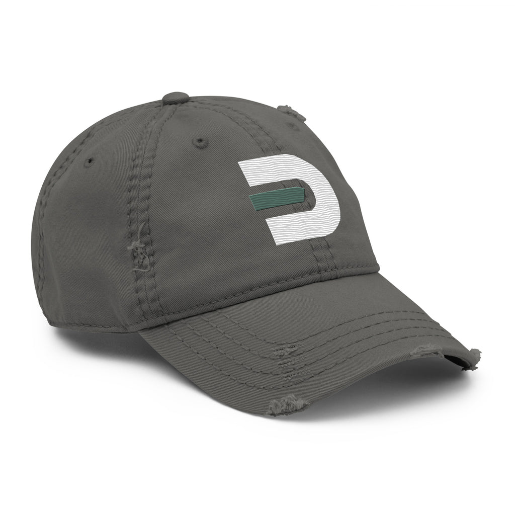 Angled front view of the charcoal grey distressed Dads in the Game baseball hat with D emblem