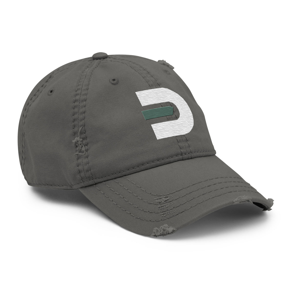 Angled front view of the charcoal grey distressed Dads in the Game baseball hat with D emblem