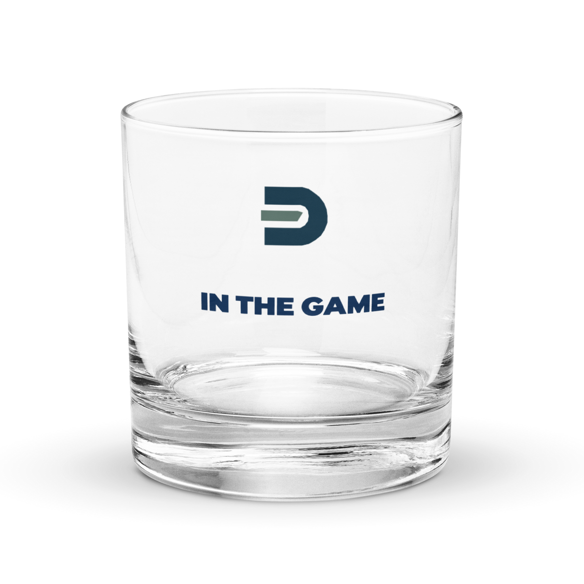 Empty Dads in the Game rocks glass with D emblem and In the Game lettering on a black background