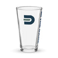 Clear Dads in the Game 16 oz pint glass showing the D emblem and vertical In the Game lettering