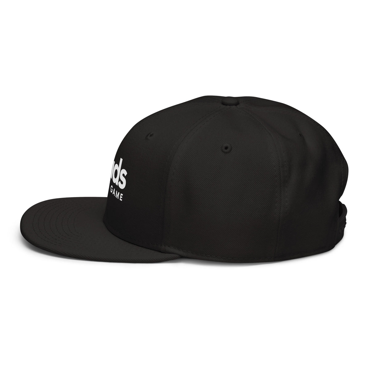 Side view of the black Dads in the Game Full Logo snapback hat