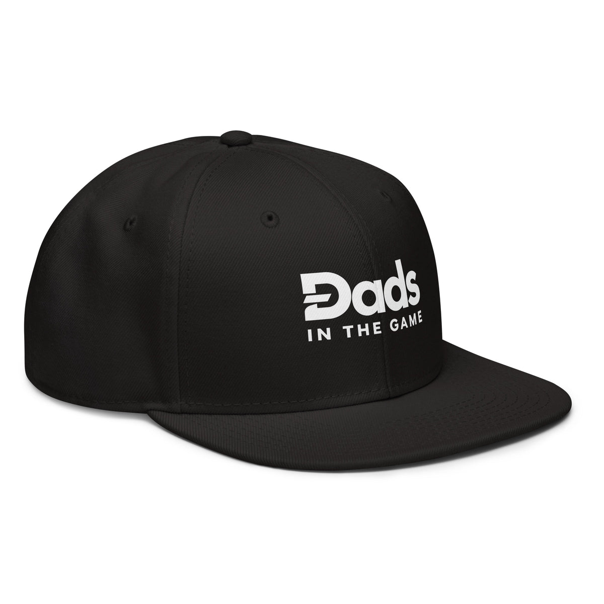 Angled front view of the black Dads in the Game Full Logo snapback hat
