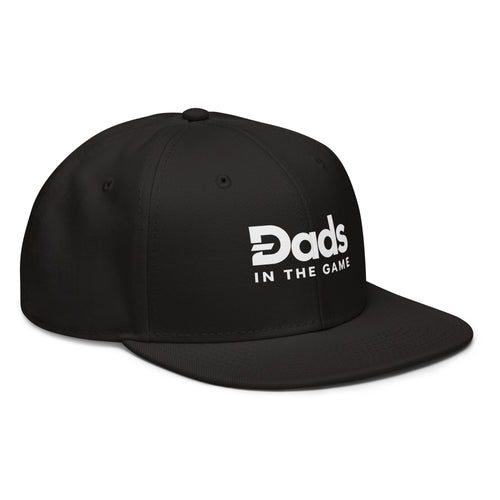 Angled front view of the black Dads in the Game Full Logo snapback hat