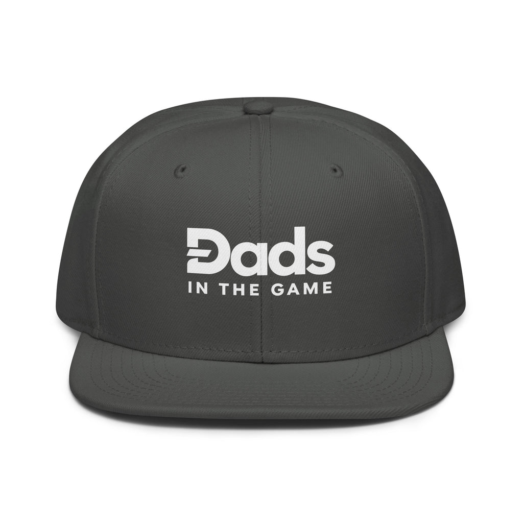 Charcoal Dads in the Game Full Logo snapback hat, front view
