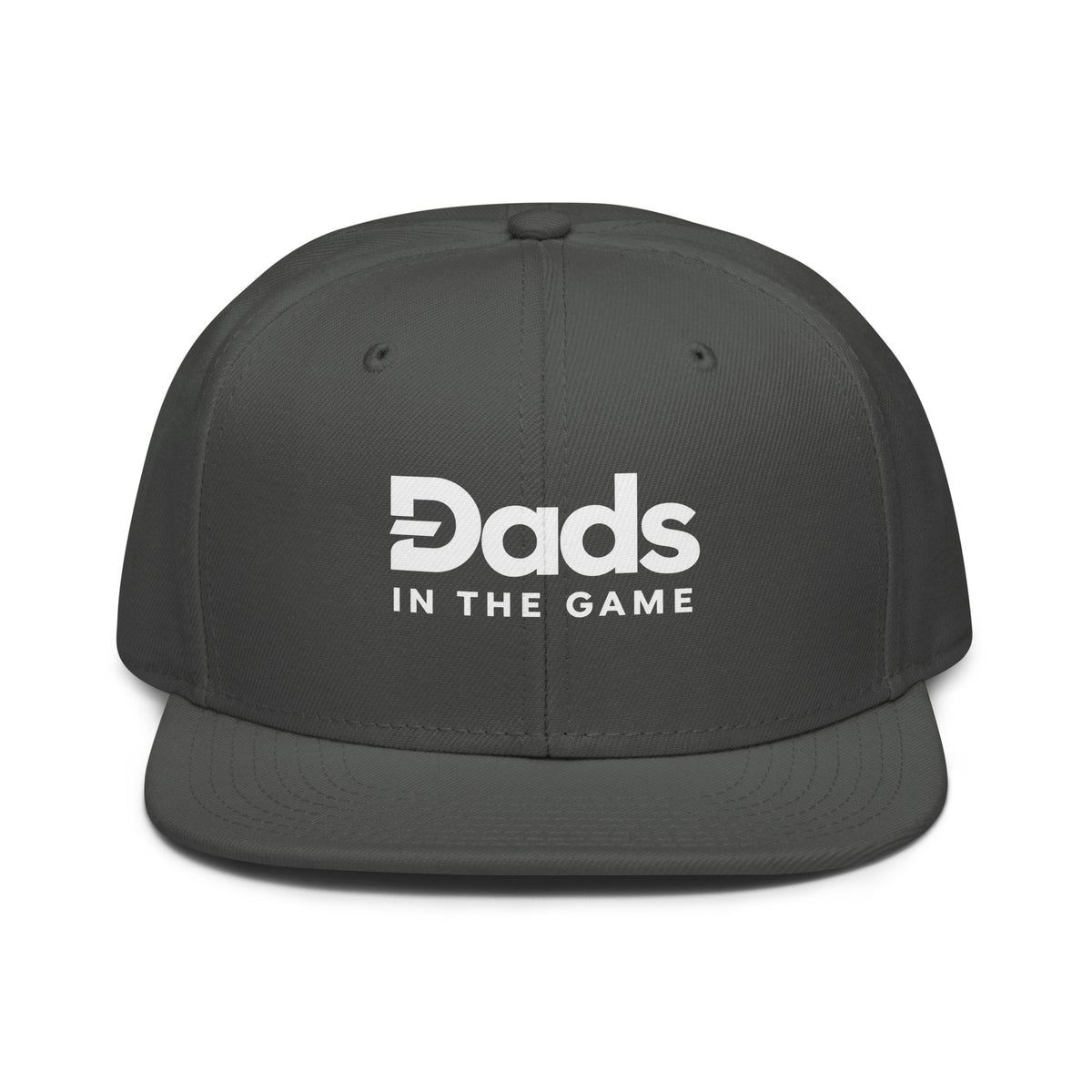 Charcoal Dads in the Game Full Logo snapback hat, front view