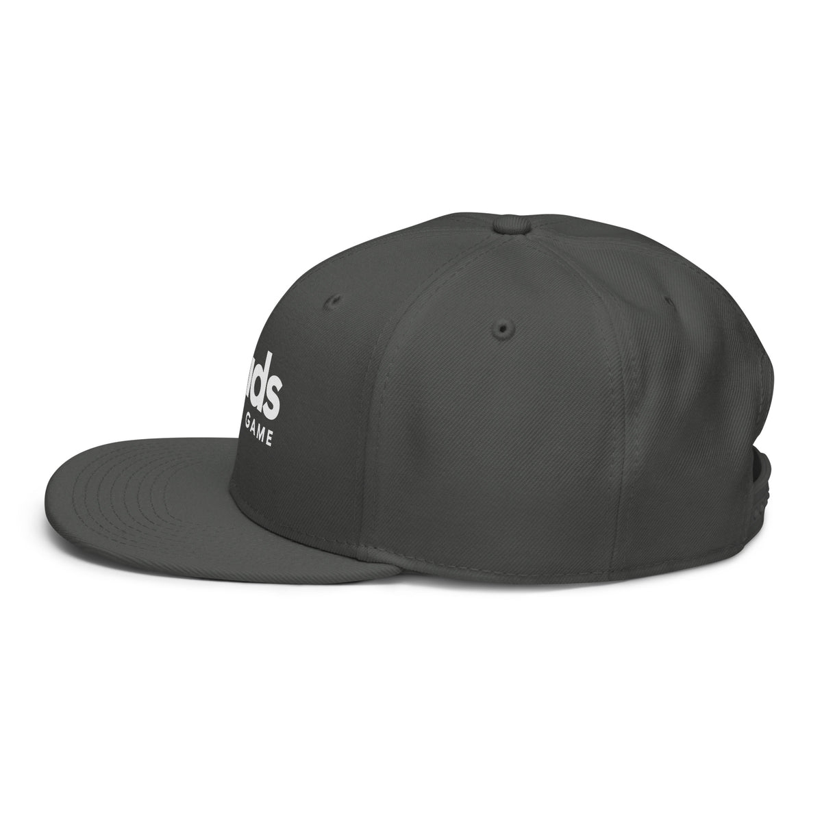 Side view of the charcoal Dads in the Game Full Logo snapback hat