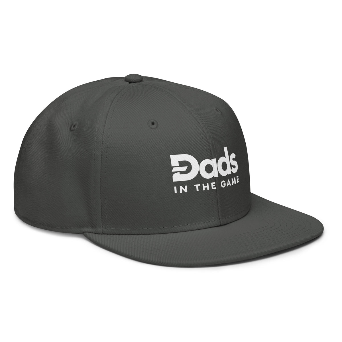 Angled front view of the charcoal Dads in the Game Full Logo snapback hat
