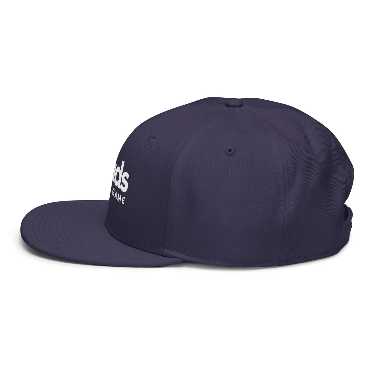 Side view of the navy Dads in the Game Full Logo snapback hat