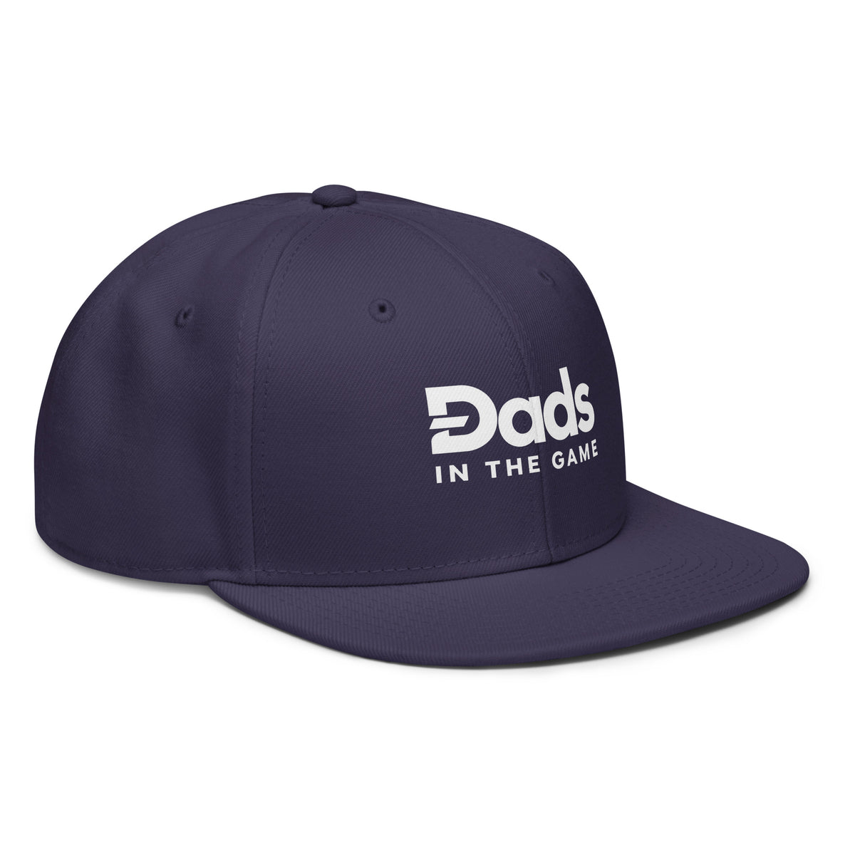 Angled front view of the navy Dads in the Game Full Logo snapback hat
