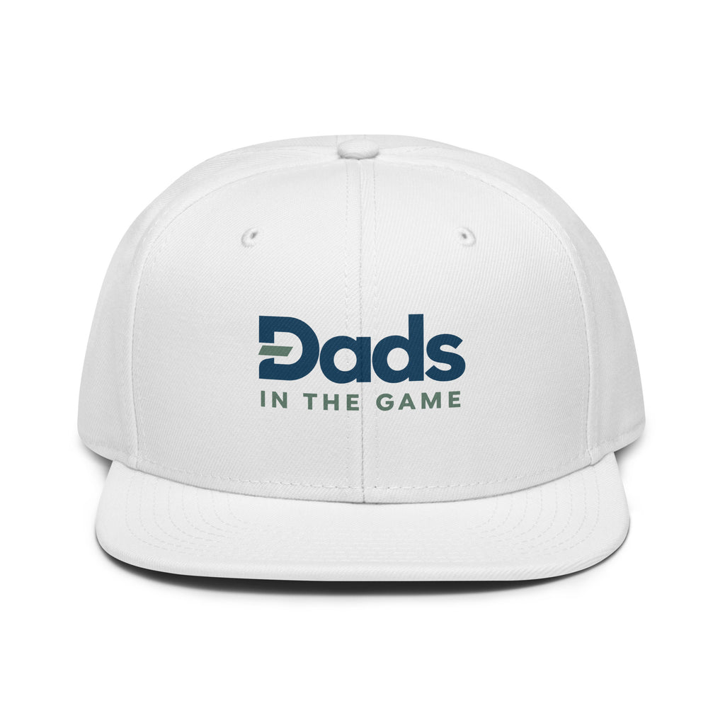 White Dads in the Game Full Logo snapback hat, front view