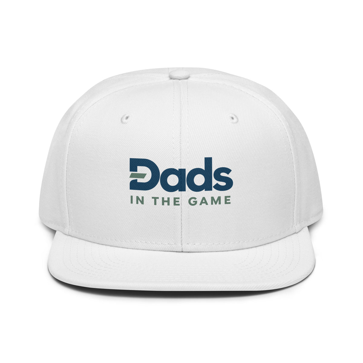 White Dads in the Game Full Logo snapback hat, front view