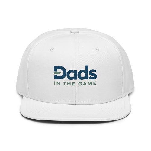 White Dads in the Game Full Logo snapback hat, front view