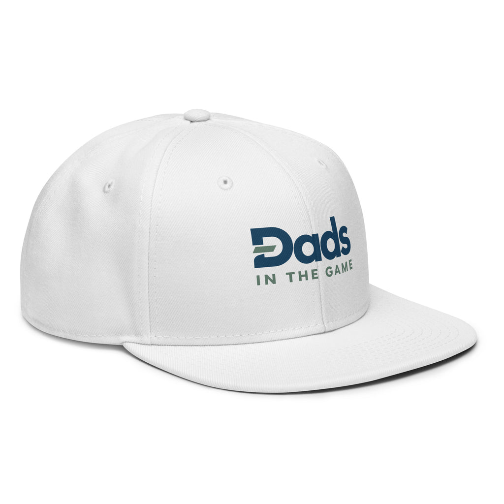 Angled front view of the white Dads in the Game Full Logo snapback hat