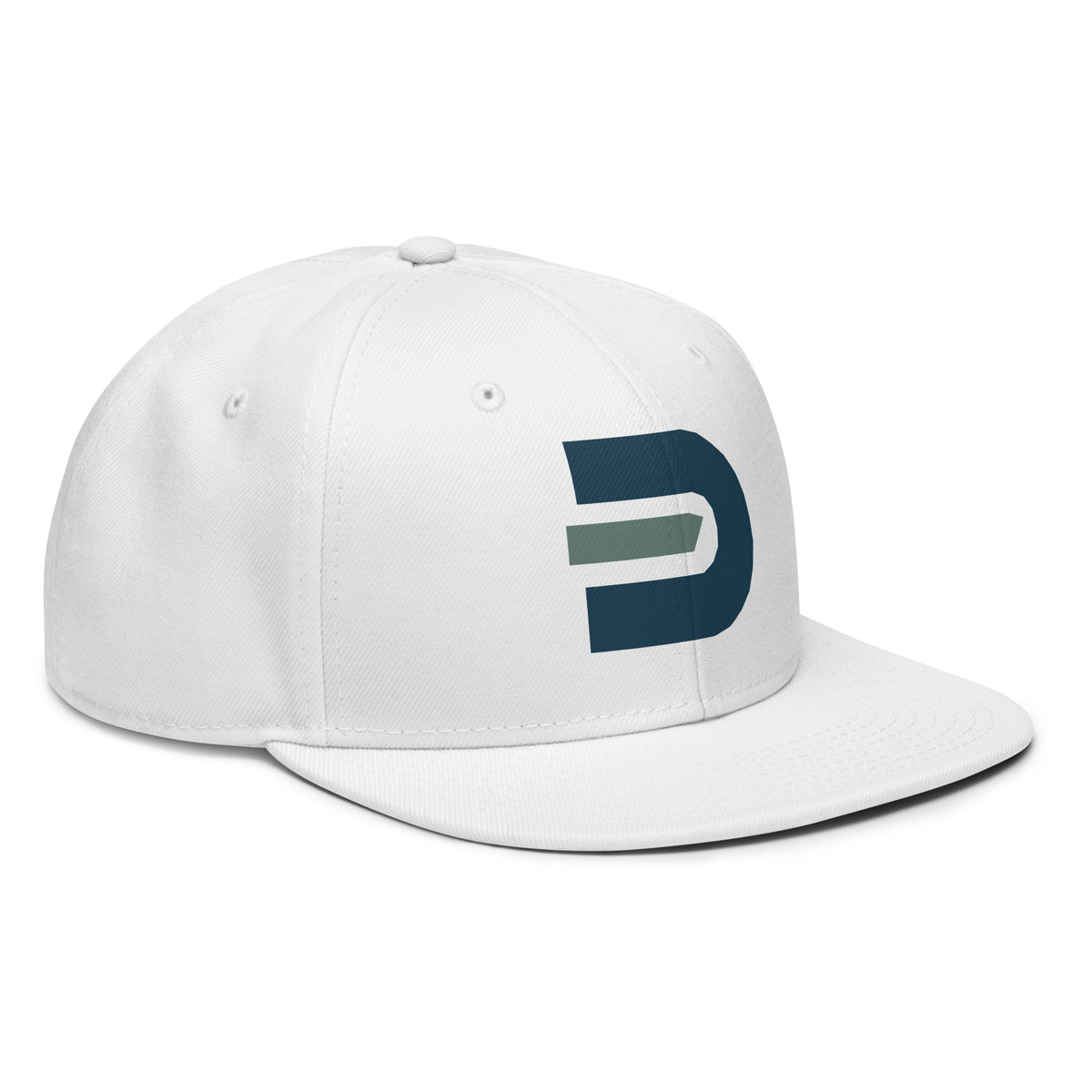 Angled front view of the white Dads in the Game D Logo snapback hat