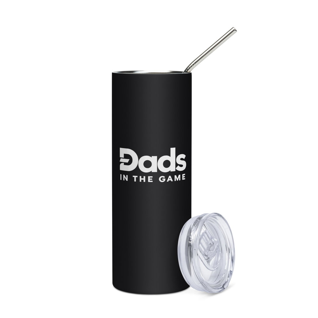 Black Dads in the Game full logo tumbler with metal straw and clear lid placed alongside